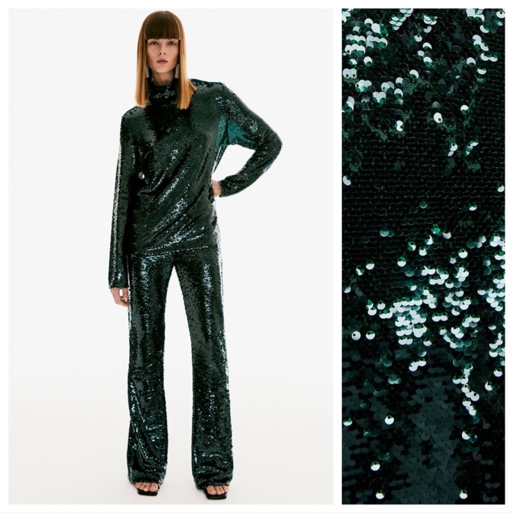 Zara Green Sequin High Waist Flare Pants
